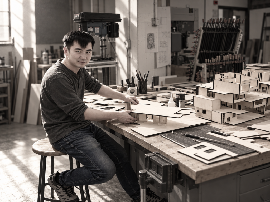 Huaming Wang working on an architectural model in the workshop